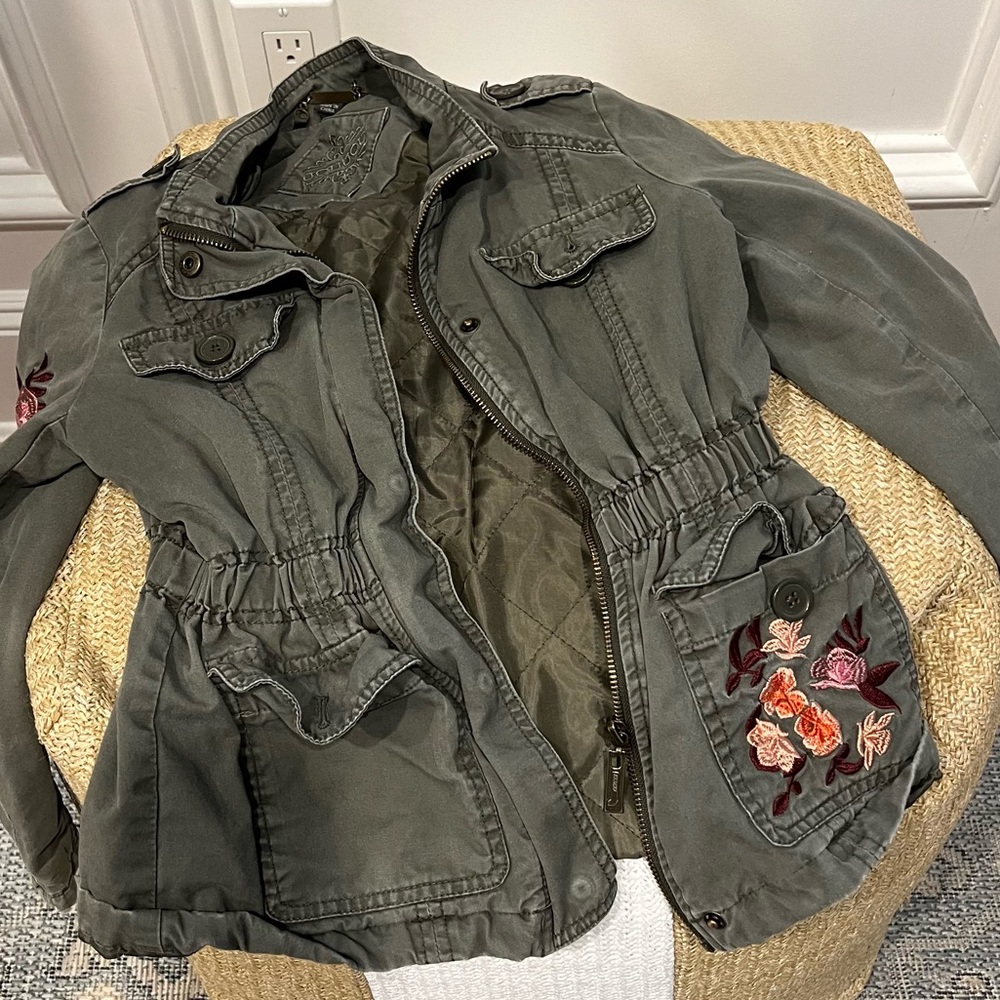 JouJou girls army green color jacket with zipper & embroidered flowers appliqué